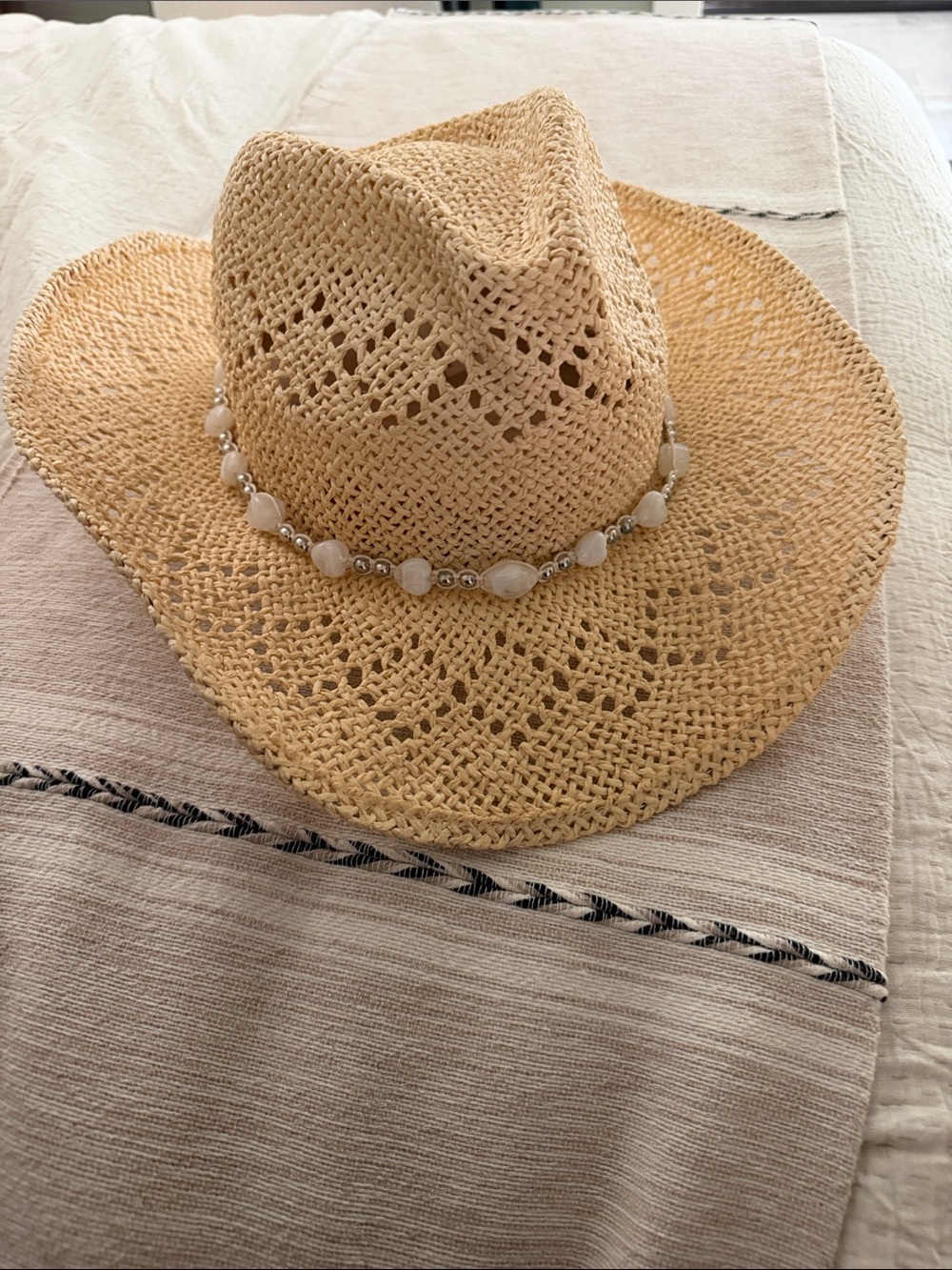 Straw Beach Fedora Hat with White Bead Accent